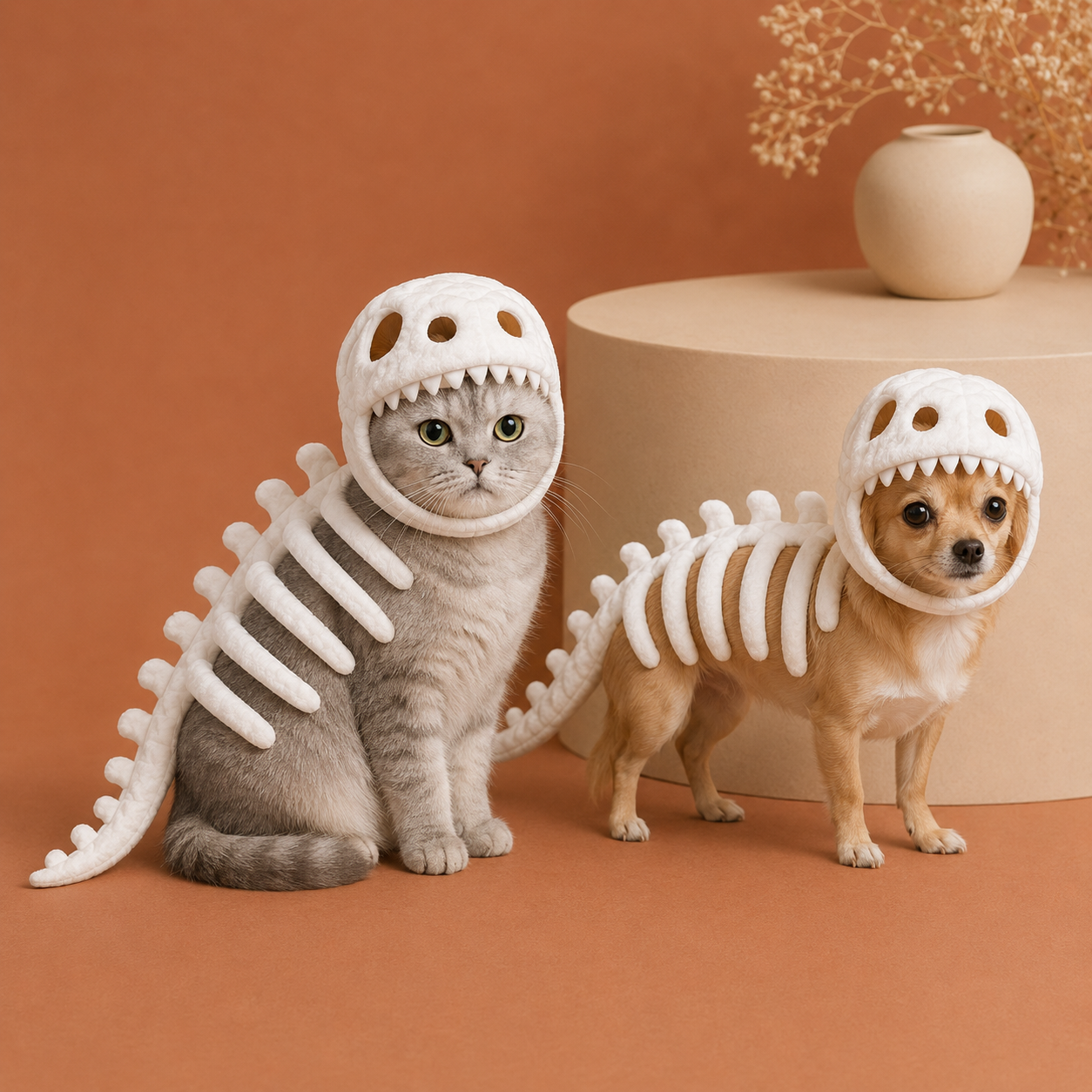 Two pets wearing dinosaur skeleton costumes