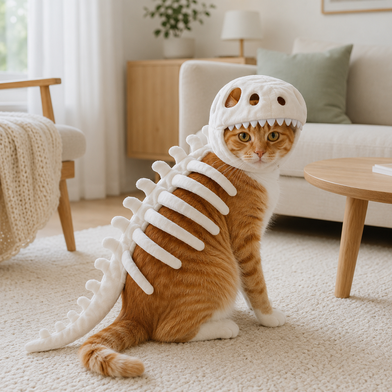 Orange tabby cat wearing the GlowRex dinosaur skeleton costume